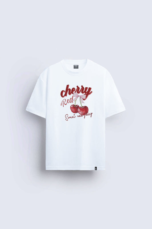 cherry baskılı beyaz oversize tişört